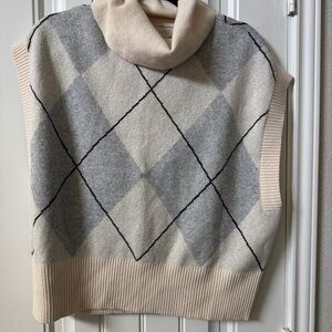 LOFT Cream & Gray Argyle Cowl Neck Sweater Vest